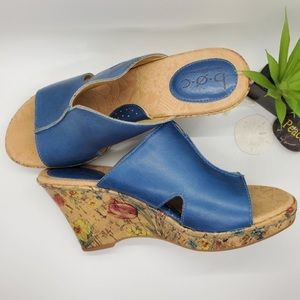 B.O.C. Born Casaba Blue Leather Floral Slip On Cork Wedge